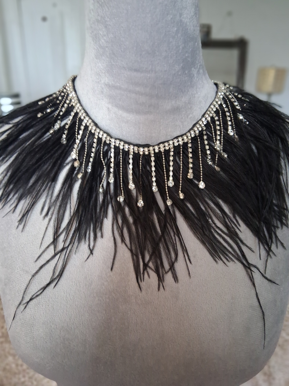 Elegant Black Feather & Rhinestone Fringe Statement Necklace